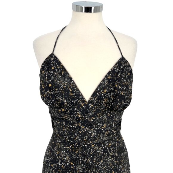 Express Womens Halter Neck Silk Black Gold Party Night Out Dress Size 6 - Picture 2 of 13